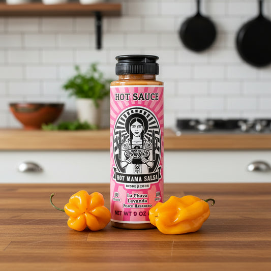 Spicy peach habanero sauce La Chava Lavenda